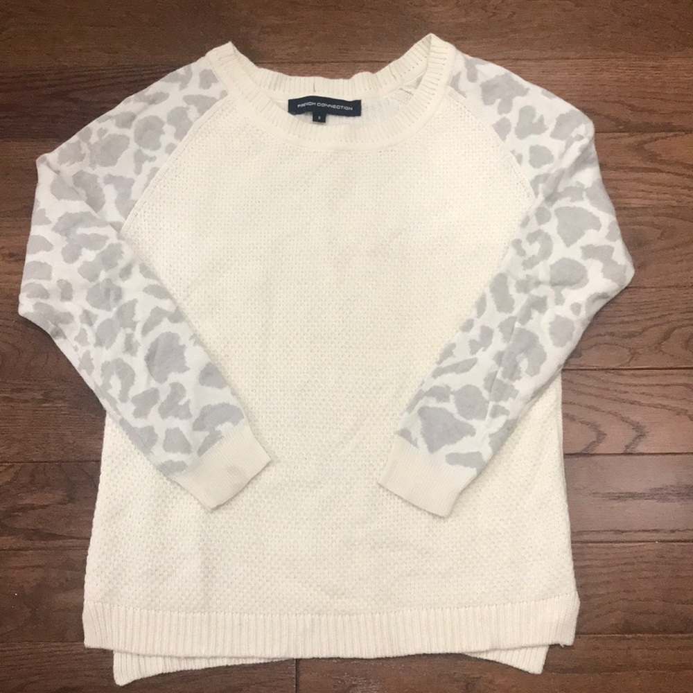French Connection Cream Sweater w/ Cheetah Sleeves